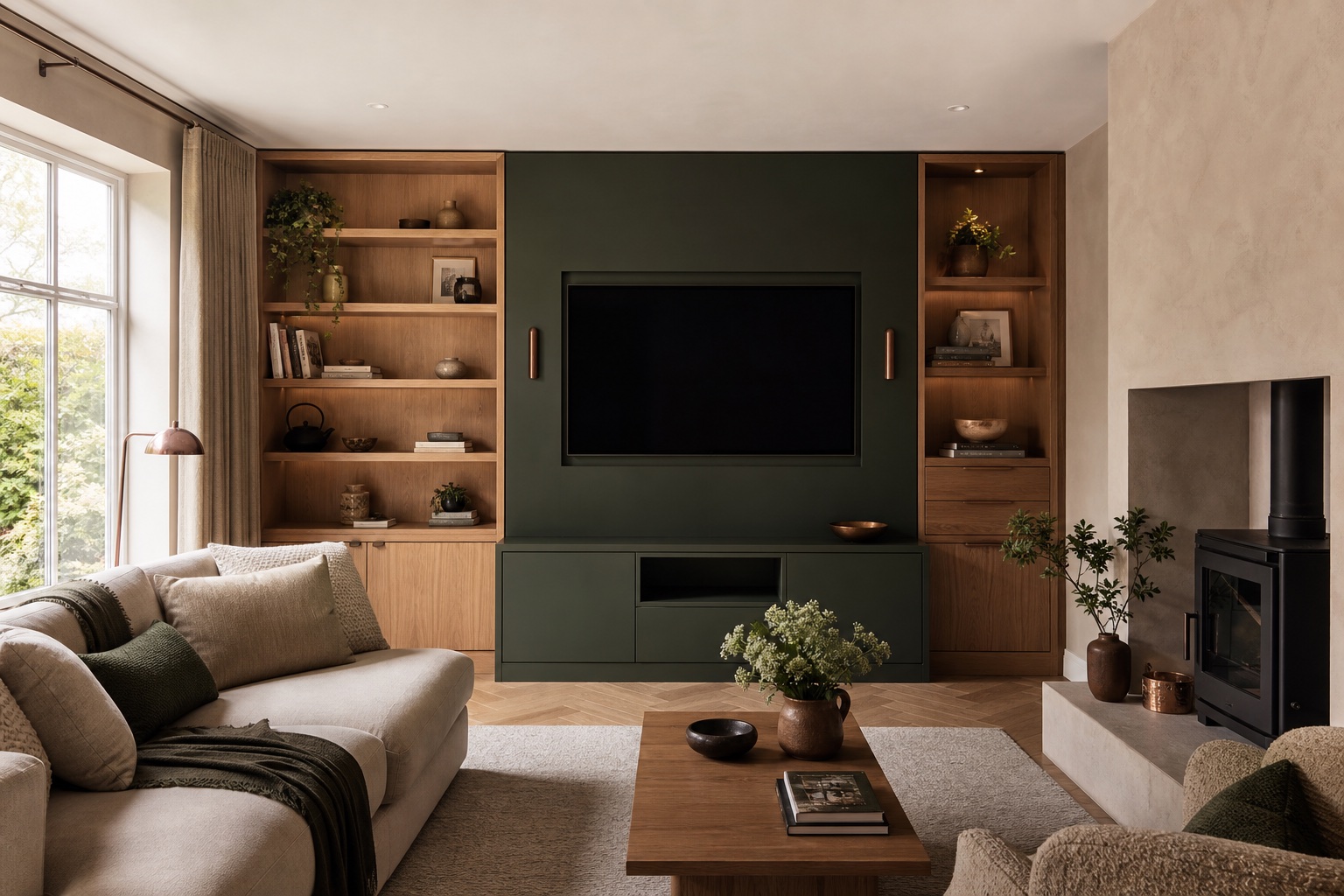 Oak media-room joinery — fictional demonstration project