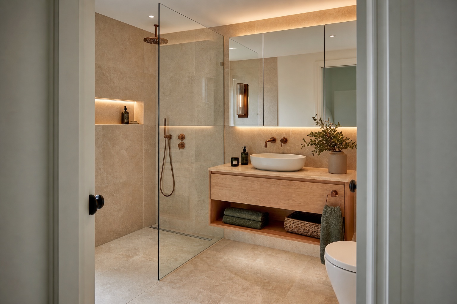 Warm-stone shower room — fictional demonstration project