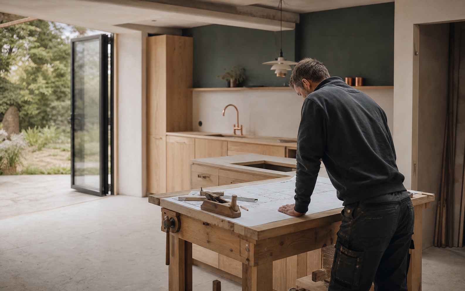 Fictional craftsperson planning bespoke joinery in a warm workshop